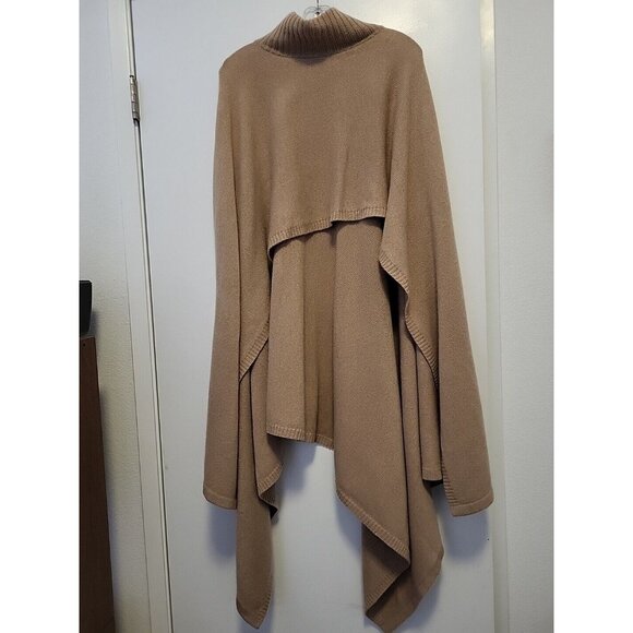 Autumn Cashmere Turtle Neck Long Pancho One Size Asymmetrical Hem Light Brown - Picture 1 of 7